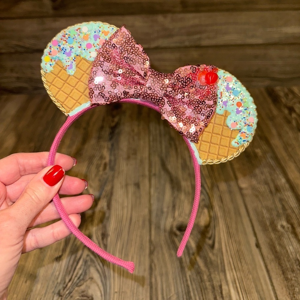 Disney Ice Cream Dessert Mickey Mouse Ears Handmade Soft Comfortable Cherry Top
